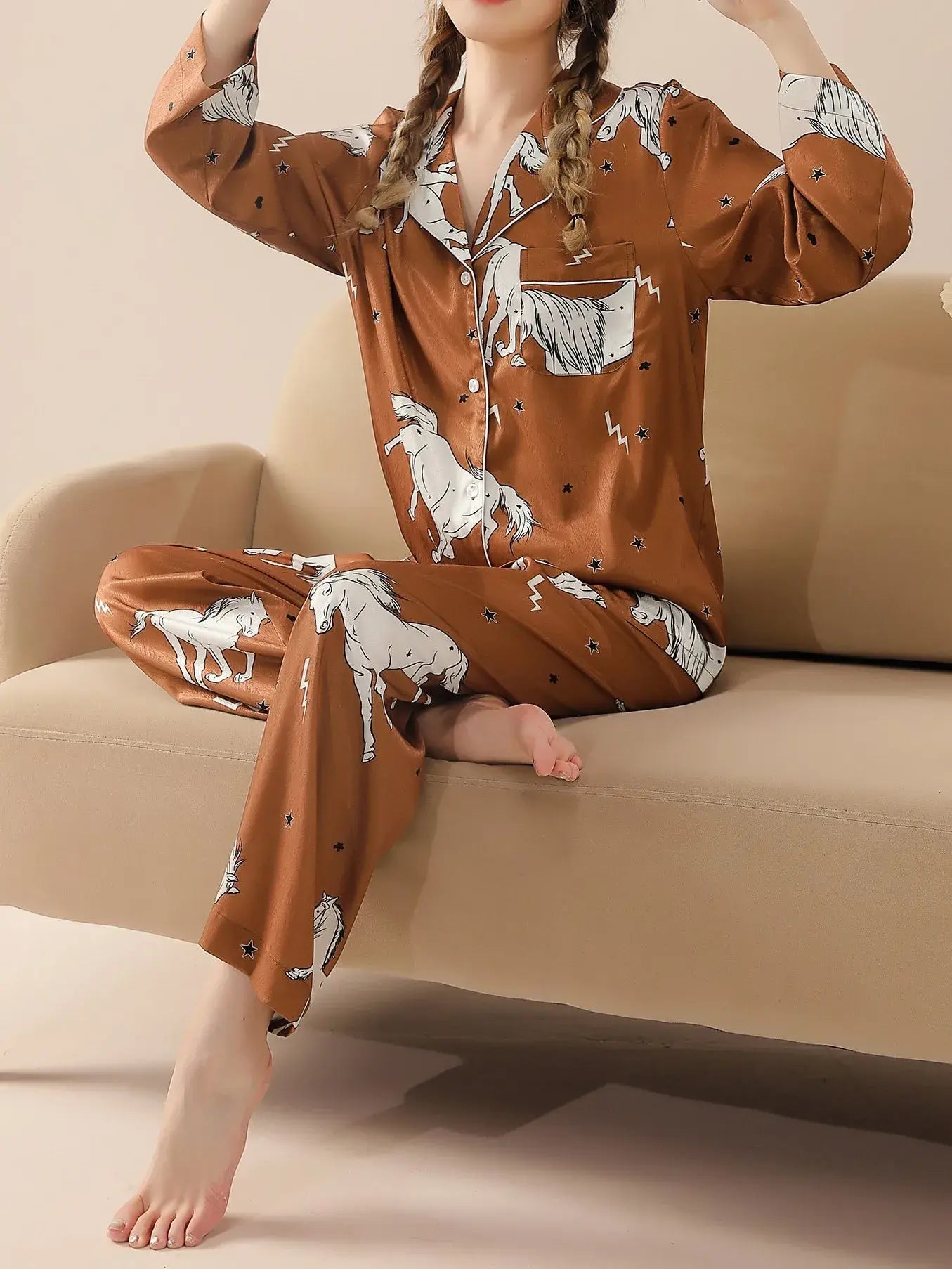 2pcs Pajama Set for Women Long Sleeve and Horse Print Affordable pajama sets