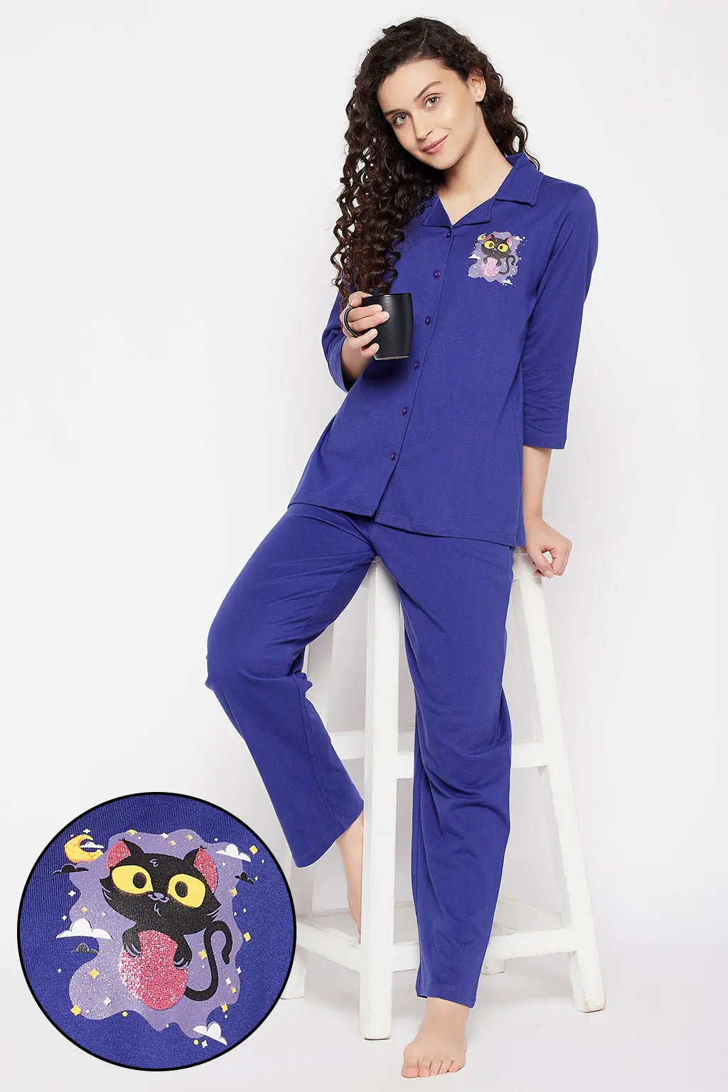 Halloween Print Button Down Shirt & Pyjama Set in Royal Blue - 100% Cotton Luxury pajama sets